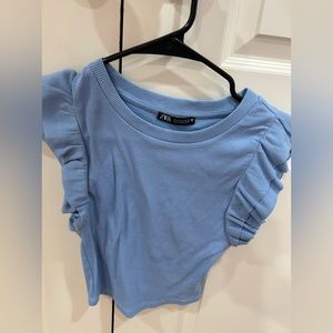 Zara blue ribbed ruffle sleeve top
